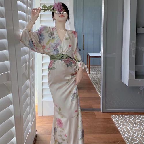 Polyester Waist-controlled Sexy Package Hip Dresses floor-length & breathable printed floral pink PC
