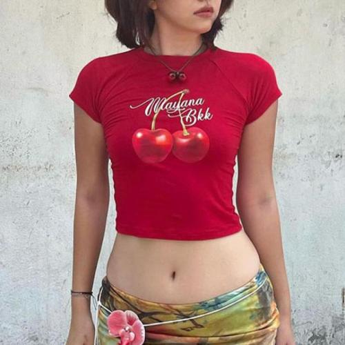Polyester Slim Women Short Sleeve T-Shirts midriff-baring printed fruit pattern PC