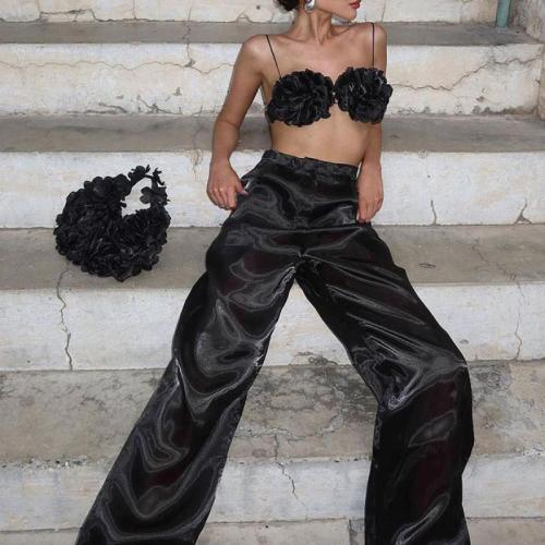 Polyester Women Casual Set midriff-baring & backless Long Trousers & camis patchwork black Set