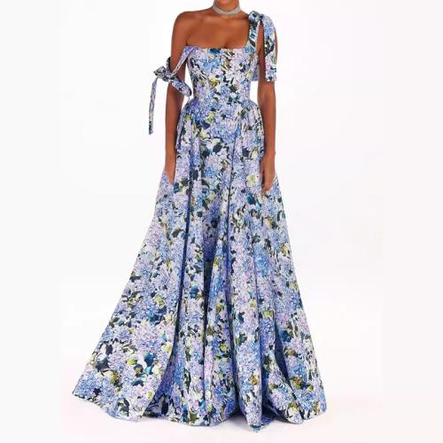Chiffon & Polyester Long Evening Dress large hem design & off shoulder printed floral blue PC