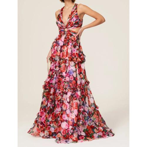 Polyester Long Evening Dress backless printed floral red PC