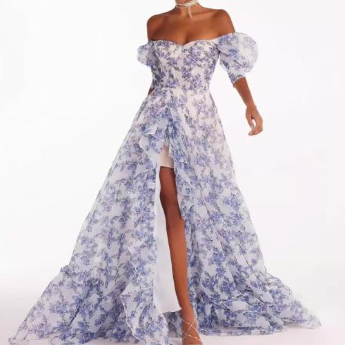 Organza & Polyester front slit Long Evening Dress, different size for choice & off shoulder, printed, floral, blue,  PC