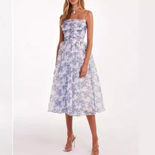 Organza & Polyester Slip Dress mid-long style printed floral blue PC
