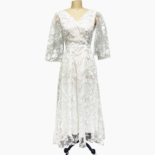 レース & ポリエステル ロングイブニングドレス 刺繍 白 一つ