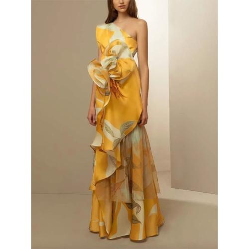 Polyester shoulder slope & long style One-piece Dress printed leaf pattern yellow PC