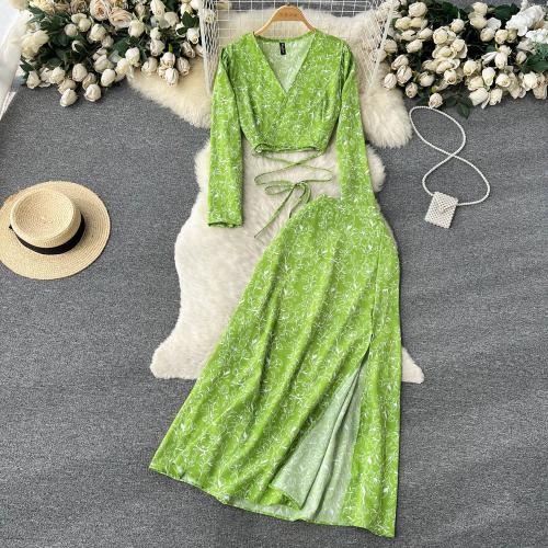 Mixed Fabric Slim Two-Piece Dress Set mid-long style & slimming & side slit shivering : Set