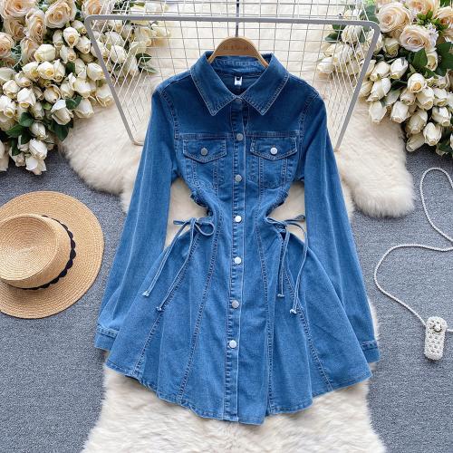 Denim Waist-controlled & High Waist One-piece Dress, slimming & different size for choice, Solid, blue,  PC