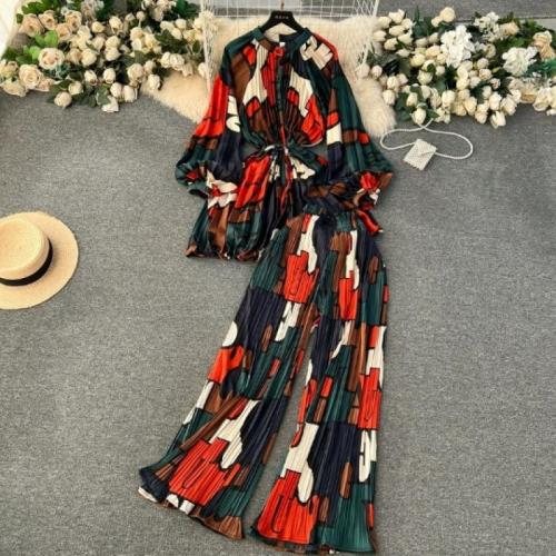 Chiffon Waist-controlled Women Casual Set, two piece & loose & breathable, printed, different color and pattern for choice, more colors for choice, :,  PC