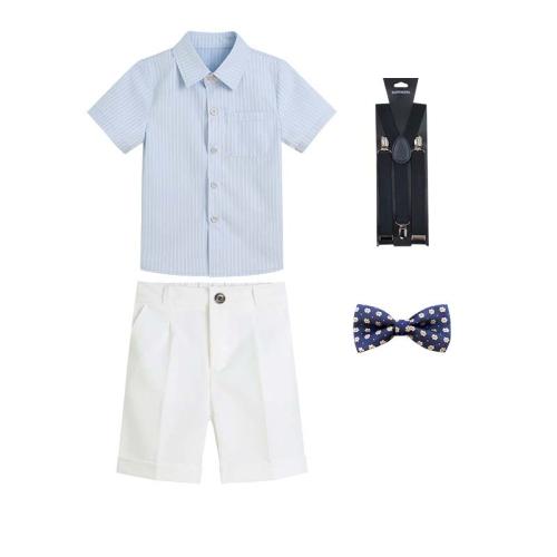Polyester Boy Clothing Set & loose Necktie & Pants & top blue and white Set