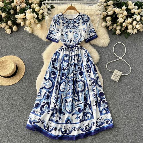 Polyester Waist-controlled One-piece Dress large hem design & mid-long style & slimming printed floral blue PC