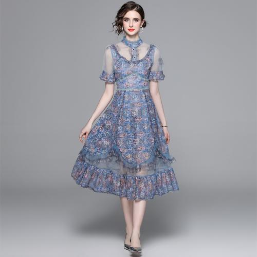 Polyester One-piece Dress see through look & double layer & breathable printed shivering blue PC