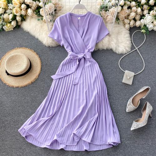 Polyester Waist-controlled & Pleated One-piece Dress, slimming, Solid, more colors for choice, :,  PC