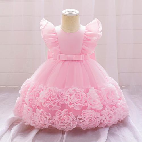 Gauze & Cotton Princess Girl One-piece Dress with bowknot & breathable Solid pink PC