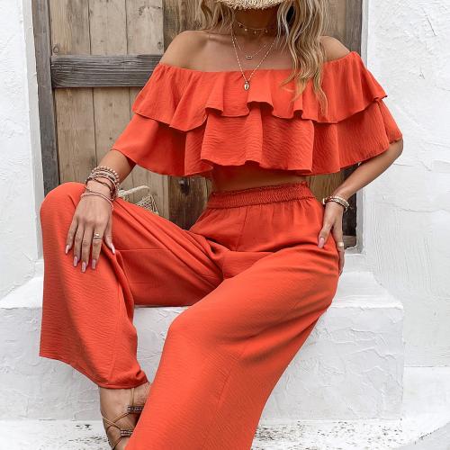 Polyester High Waist Women Casual Set & two piece & off shoulder Long Trousers & top Solid Set