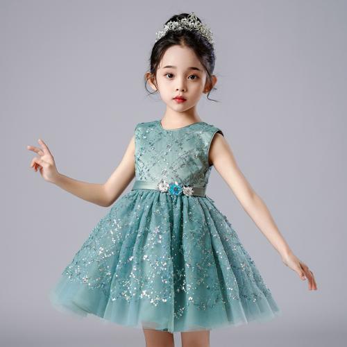 Sequin & Gauze & Polyester Soft & Ball Gown Girl One-piece Dress & breathable green PC