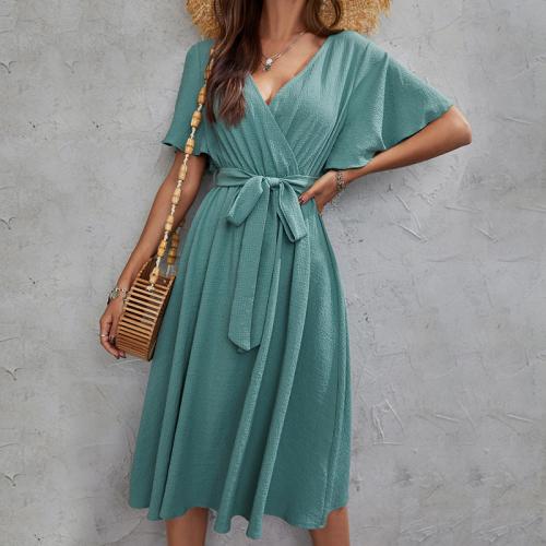 Polyester One-piece Dress slimming & deep V Solid green PC