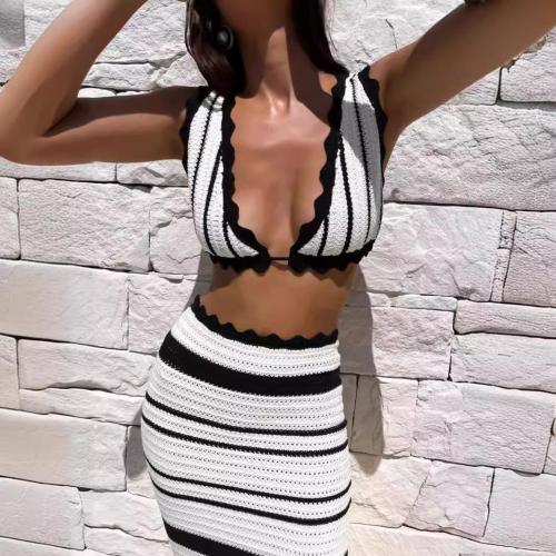 Polyester Bikini backless & two piece striped Set