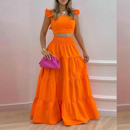Polyester Two-Piece Dress Set large hem design & two piece & breathable Solid Set