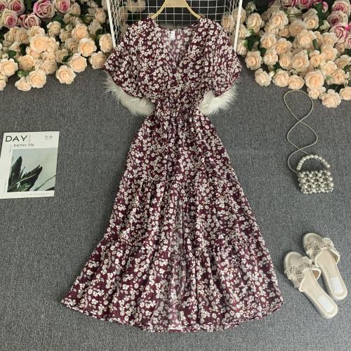 Polyester Waist-controlled & front slit One-piece Dress large hem design printed : PC