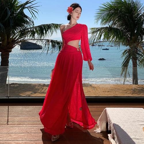 Polyester Beach Dress side slit & off shoulder & hollow Solid red PC