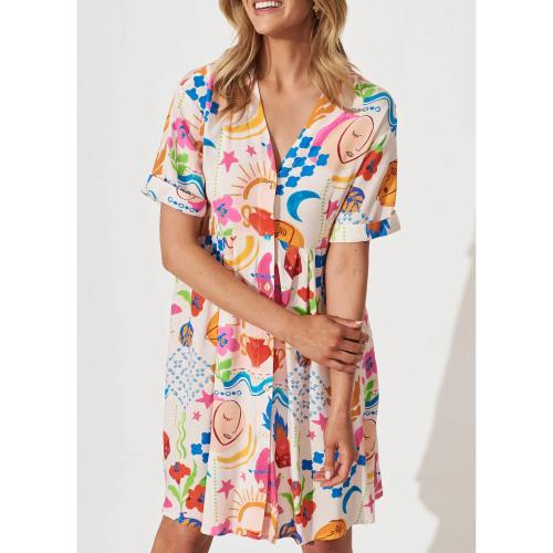 Polyester One-piece Dress & with pocket printed multi-colored PC