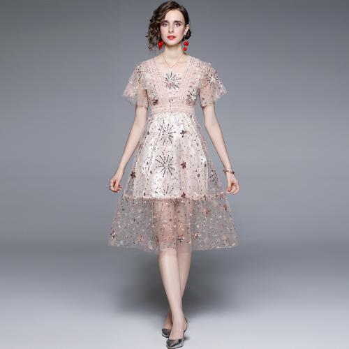 Lace & Polyester One-piece Dress slimming printed fireworks pattern champagne PC