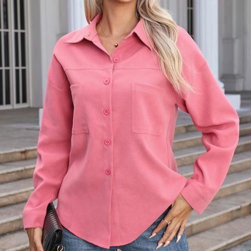 Polyester Women Long Sleeve Shirt & loose & with pocket Solid PC