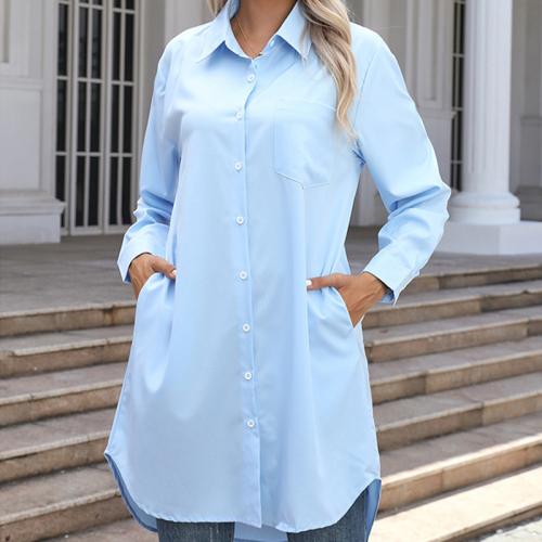 Polyester Women Long Sleeve Shirt mid-long style & loose & with pocket Solid PC