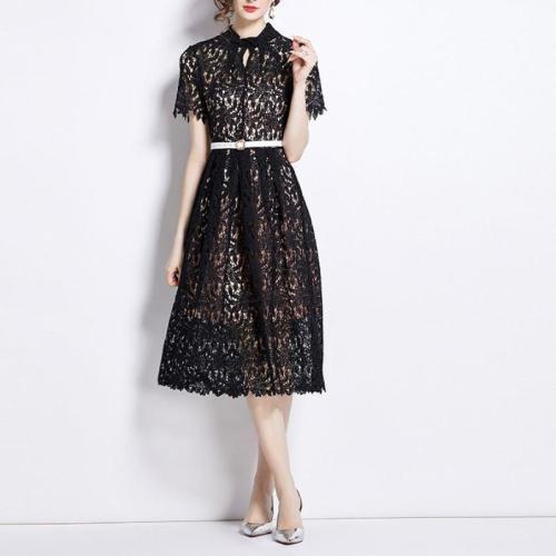 Lace Waist-controlled One-piece Dress slimming black PC