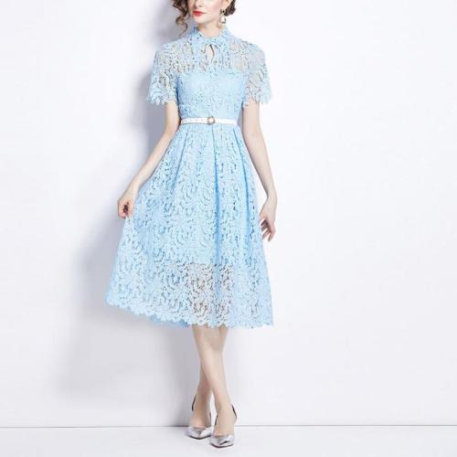 Lace One-piece Dress slimming light blue PC