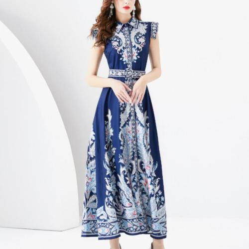 Chiffon Waist-controlled One-piece Dress slimming deep blue PC