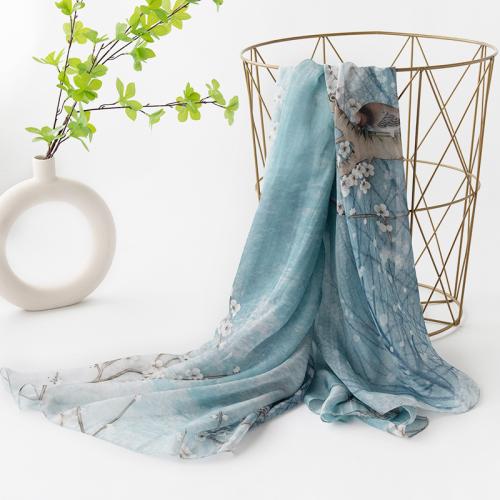 Natural Silk Multifunction Silk Scarf sun protection printed floral blue PC