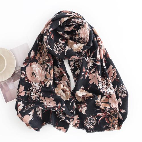 Polyester Women Scarf thermal printed floral black PC
