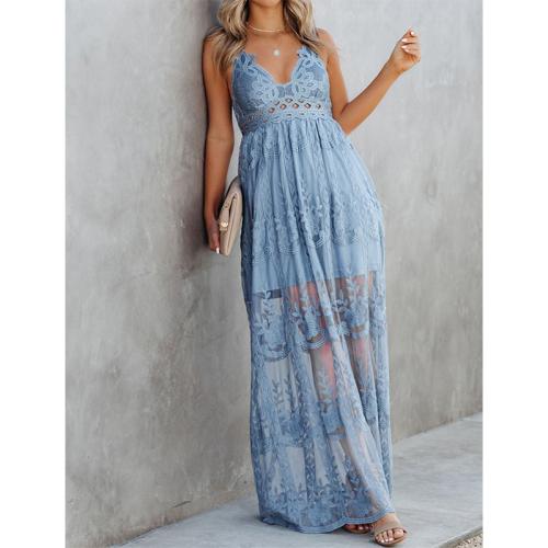 Spandex & Polyester long style Slip Dress Lace patchwork blue PC
