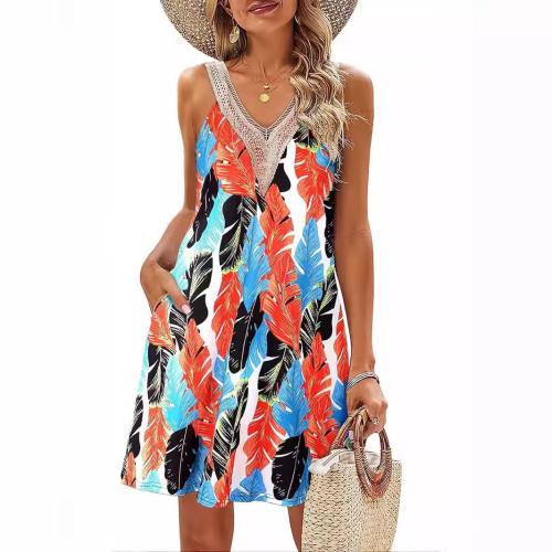 Polyester One-piece Dress deep V printed PC