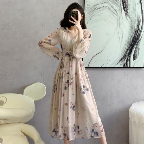 Chiffon Waist-controlled One-piece Dress double layer & breathable printed PC