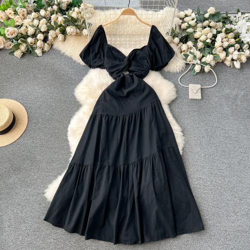 Polyester One-piece Dress large hem design & backless & hollow Solid : PC
