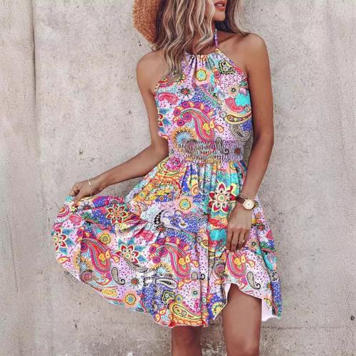 Polyester Waist-controlled Halter Dress slimming printed PC