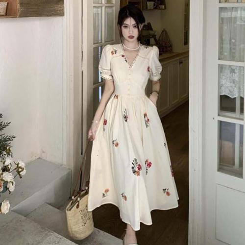 Polyester Einteiliges Kleid, Gedruckt, Floral, Weiß,  Stück