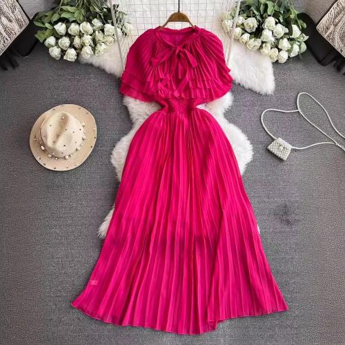 Polyester Waist-controlled & Pleated One-piece Dress large hem design Solid : PC