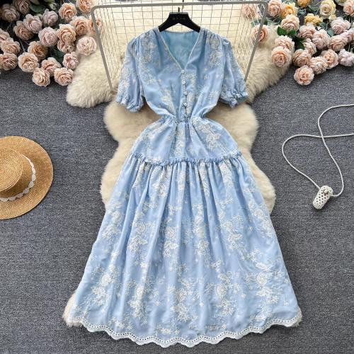 Polyester lace & Waist-controlled One-piece Dress double layer embroidered PC