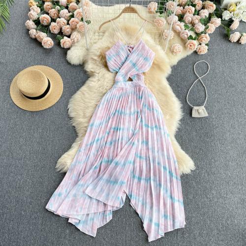 Polyester High Waist Slip Dress, off shoulder & hollow, Tie-dye, more colors for choice, :,  PC