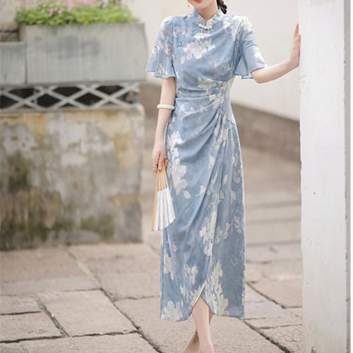 Polyester Slim Women Cheongsam printed floral blue and white PC