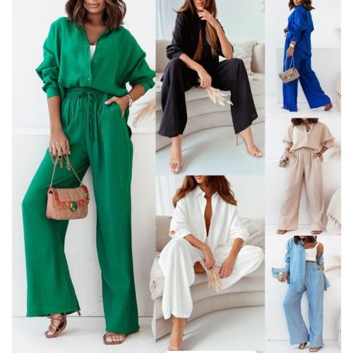 Polyester Plus Size Women Casual Set & two piece Wide Leg Trousers & long sleeve shirt patchwork Solid Set