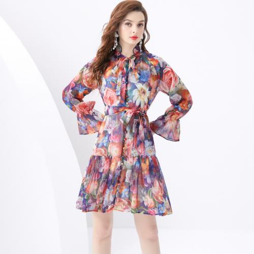 Chiffon Waist-controlled One-piece Dress double layer & breathable printed floral red PC