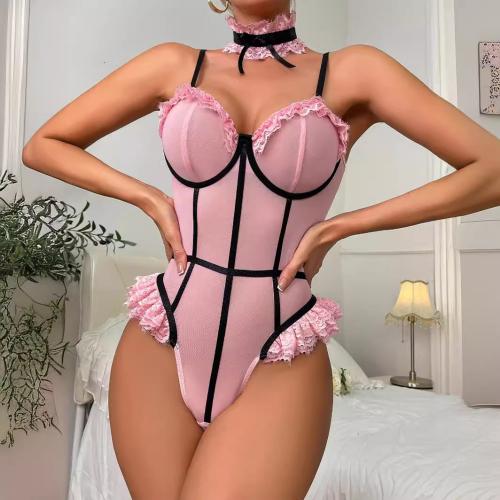 Polyester Sexy Teddy, slimming & backless & different size for choice & off shoulder, Solid, pink,  PC