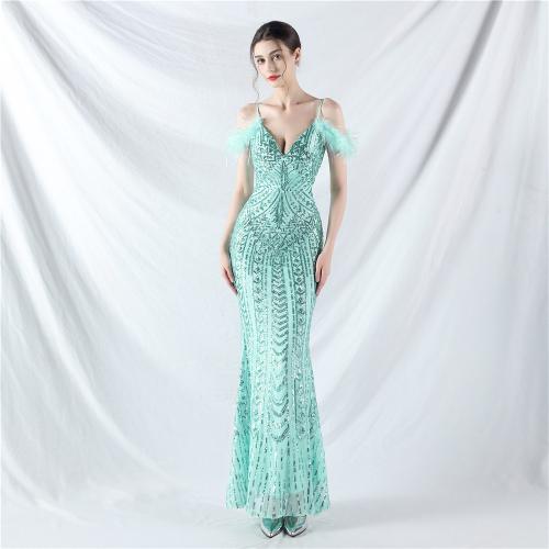 Sequin & Polyester Waist-controlled & floor-length Long Evening Dress & off shoulder PC