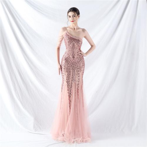 Sequin & Polyester Waist-controlled & Slim Long Evening Dress & One Shoulder Solid PC