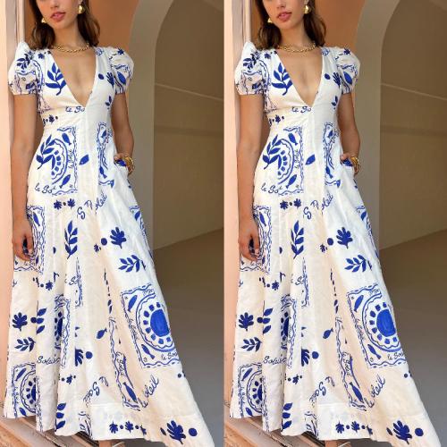 Polyester Slim One-piece Dress printed leaf pattern white PC