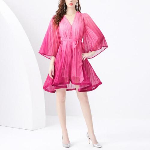 Chiffon One-piece Dress slimming & deep V fuchsia : PC